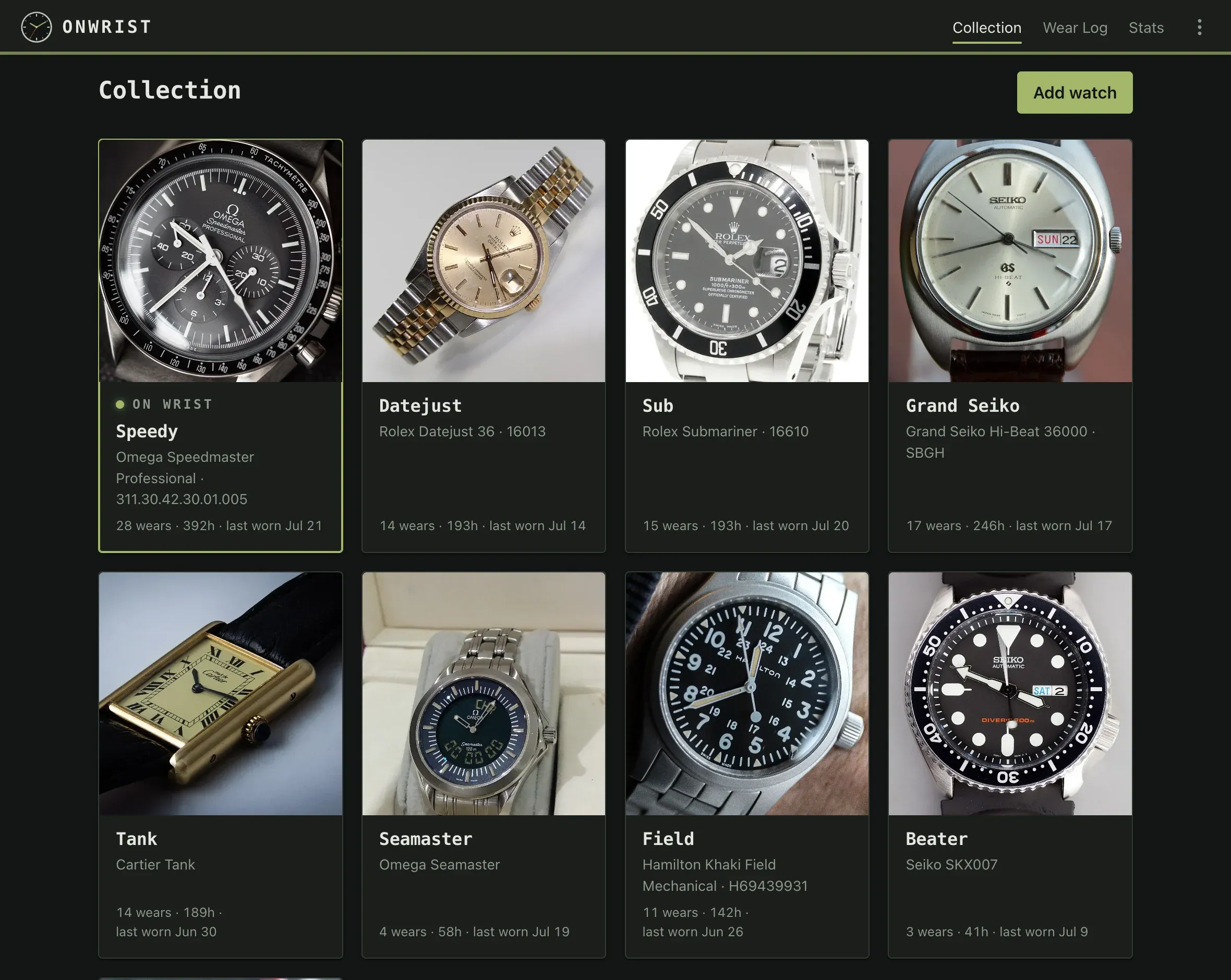 onwrist collection view in dark mode: a grid of photo cards, one per watch, each showing the watch with its nickname and key stats — wears, hours, last worn — below, and an on-wrist badge on the currently worn watch.