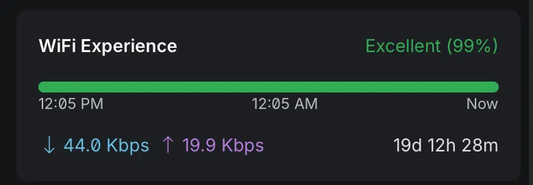 UniFi client panel for the Nest Hub Max showing WiFi Experience rated Excellent at 99 percent, a solid green experience bar across the last 24 hours, and an uptime of 19 days, 12 hours, 28 minutes.